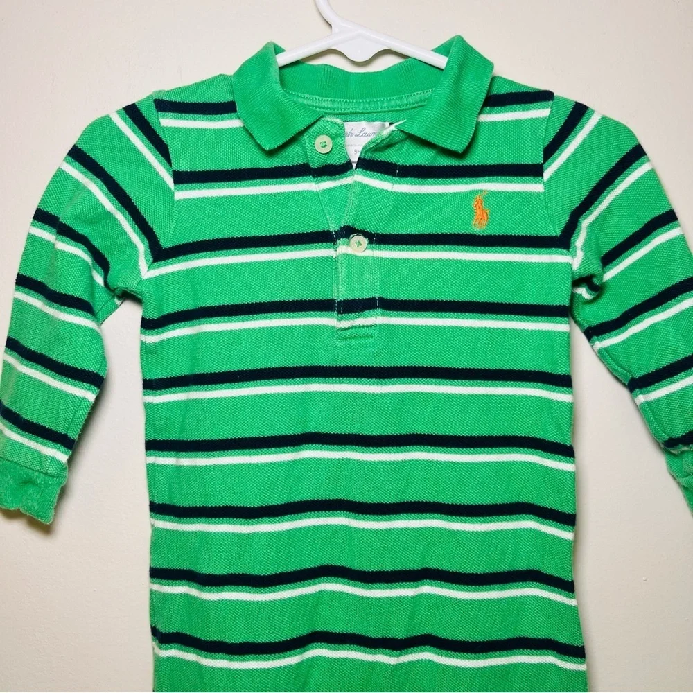 Ralph Lauren Striped Green and White one-piece collared Footie outfit